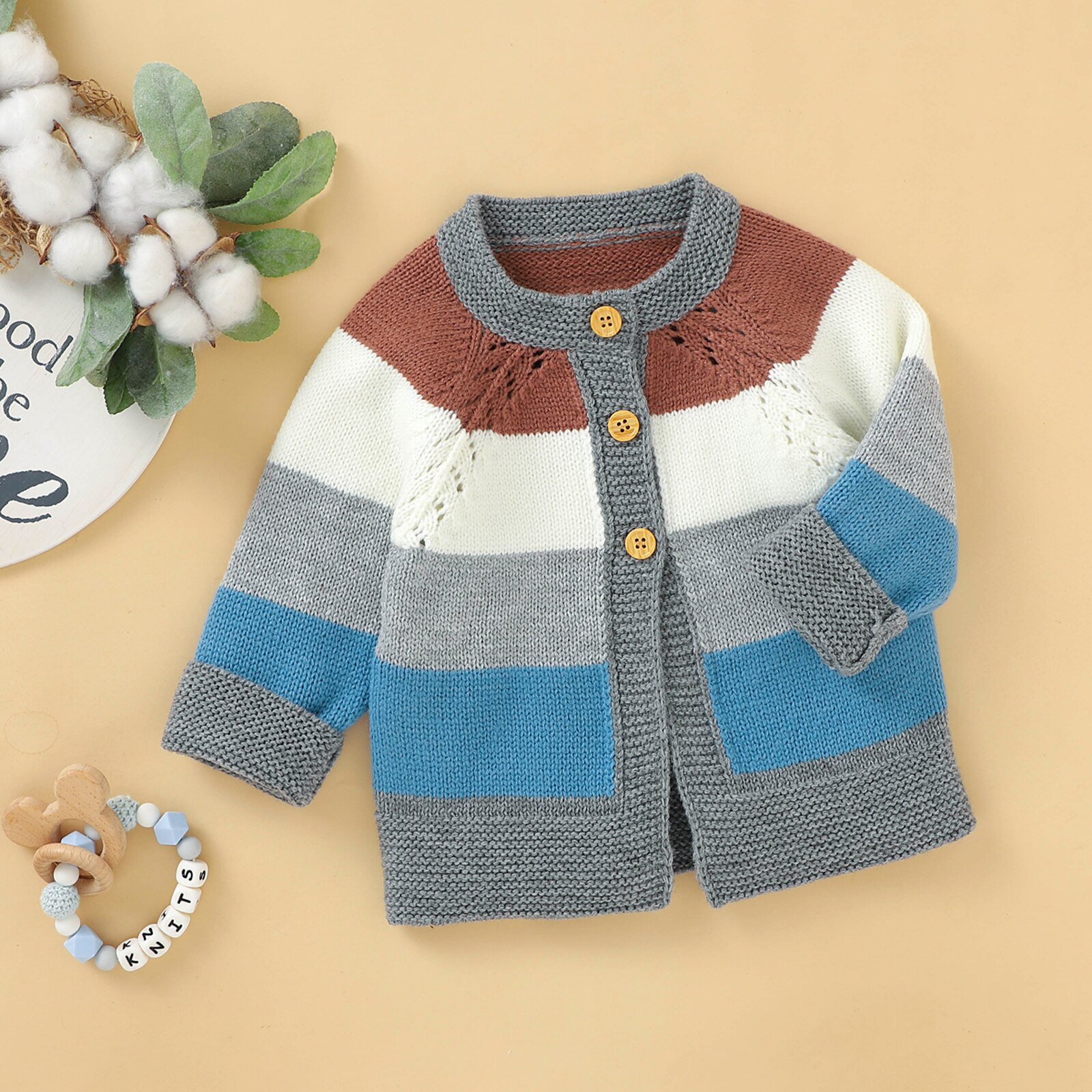Cárdigan de punto para niños pequeños, chaqueta de manga larga con cuello redondo y rayas de arcoíris, prendas de vestir informales de un solo pecho, 4 colores, otoño