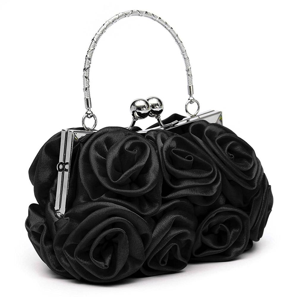 Meninas bolsa de ombro cetim quente moda floral dia das senhoras bolsa de embreagem feminino festa à noite baile nupcial diamante baguette flor bolsa: Black