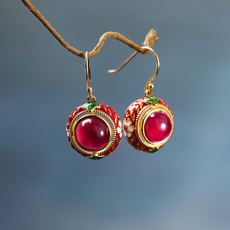 women's earrings s925 silver jewelry Thai ethnic square enamel color red corundum earrings products