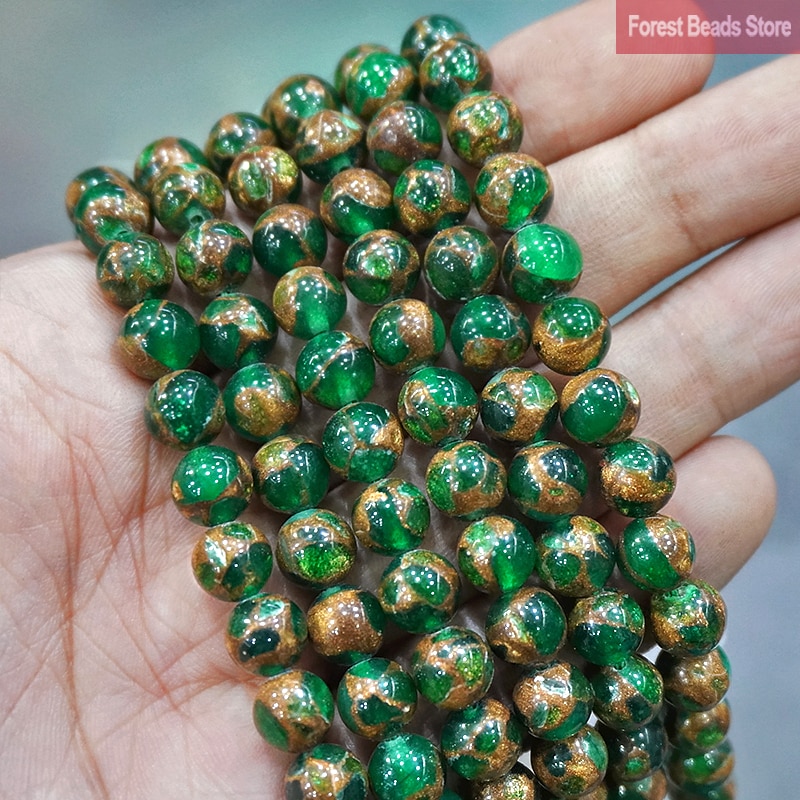Natural Green Golden Stripe Cloisonne Stone Loose Round Beads for Jewelry Making 15" Strand 4 6 8 10 12MM Diy Bracelet Necklace