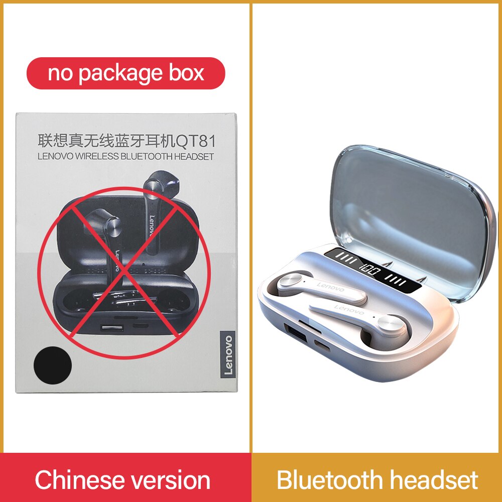 wireless headphones by Lenovo QT81 TWS Earphone bluetooth IPX4 Waterproof Sports HIFI Touch Button Headset with mic 1200mAh Box: white with no box