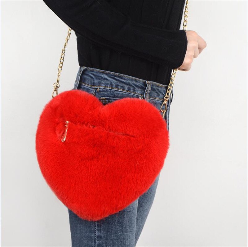 Flauschigen Herz Förmigen Quer Körper Tasche Einfarbig Abnehmbare Kette Schulter Massage Tasche Für Frauen und Mädchen Plüsch Geldbörse