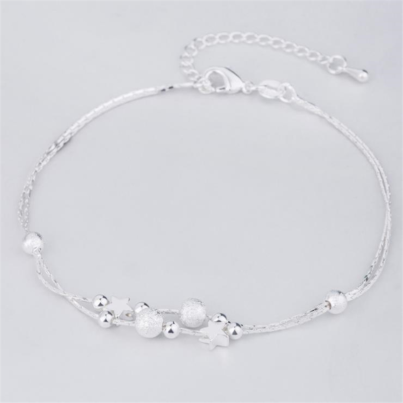 KOFSAC Doppel Kette 925 Sterling Silber Fußkettchen Für Frauen Nette Stern Perlen Ankle Armbänder Fuß Schmuck Mädchen Partei