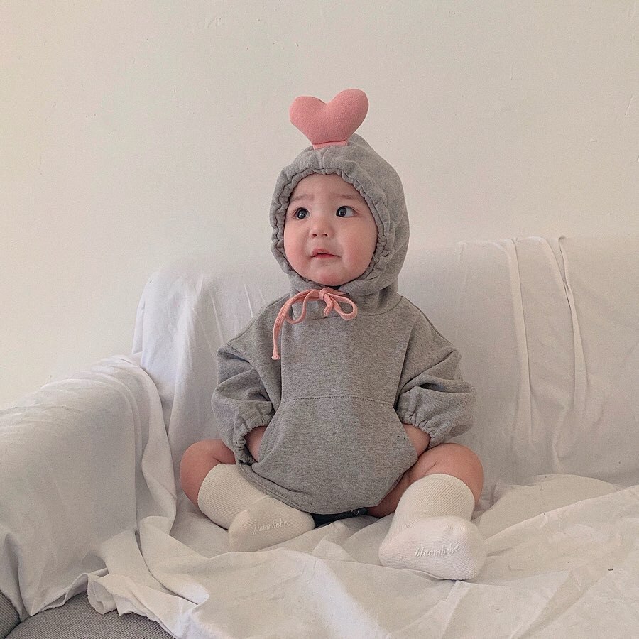 MILANCEL baby clothing cute baby boys bodysuits hood infant girls bodysuit heart style baby bodysuit: Gray / 12M