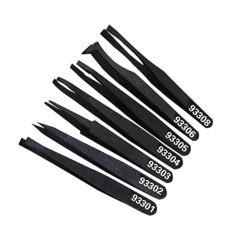 Juego de Herramientas antiestáticas de fibra de carbono negro, pinzas de plástico, punta plana, codo, boca ancha redonda