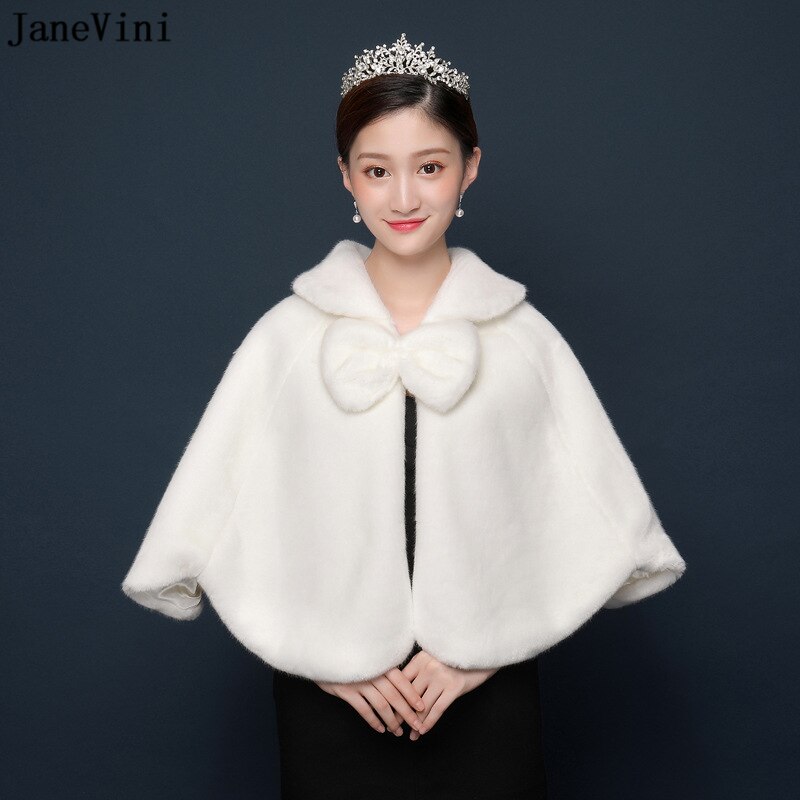 JaneVini Winter White Capes Bridal Faux Fur Wraps for Wedding Big Bow Women Warm Bolero Shawls Evening Cloak Brides Accessories