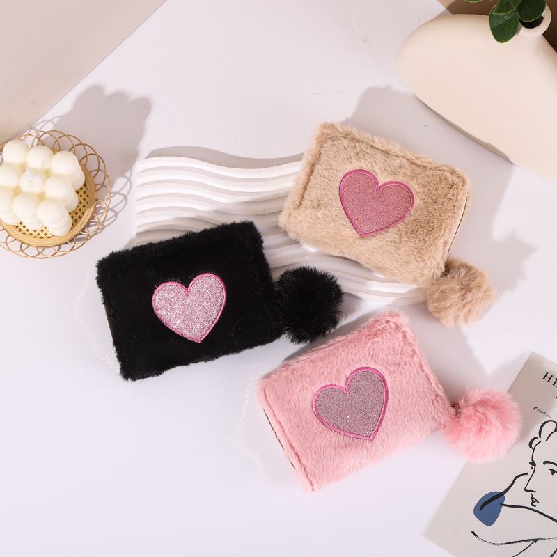 Girls Cute Plush Heart Print Wallet Children's Zipper Coin Purse with Card Holder Clutch Bag Mini Purse Coin Pouch Card Wallet