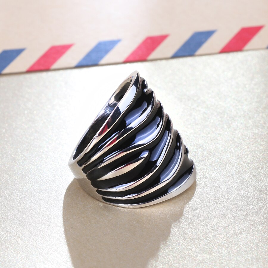 Kinel Unique Punk Rock Black Enamel Big Ring Wave Pattern Silver Color Women Jewelry