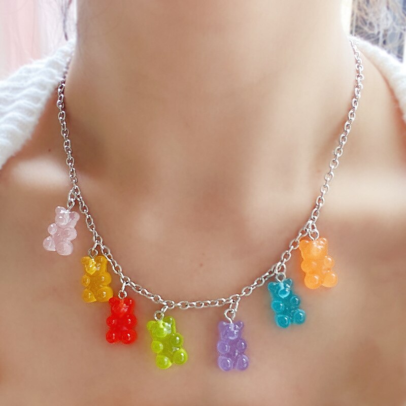 Collier en acier inoxydable fait à la main, 7 couleurs, mignon, ours de bonbons de dessin animé, pendentif de couleur bonbon, bijoux quotidiens pour femmes et filles, de fête