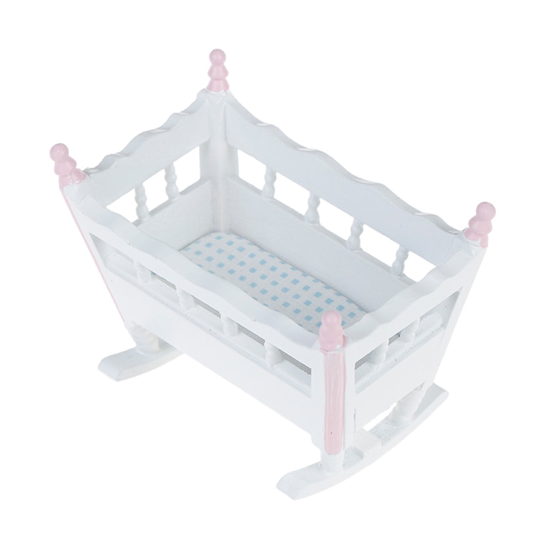 Meubels Witte Houten Cardle Baby Bed Kinderen Speelgoed Houten Kwekerij Wieg Baby Wieg 1:12 DollHouse Miniatuur Poppen