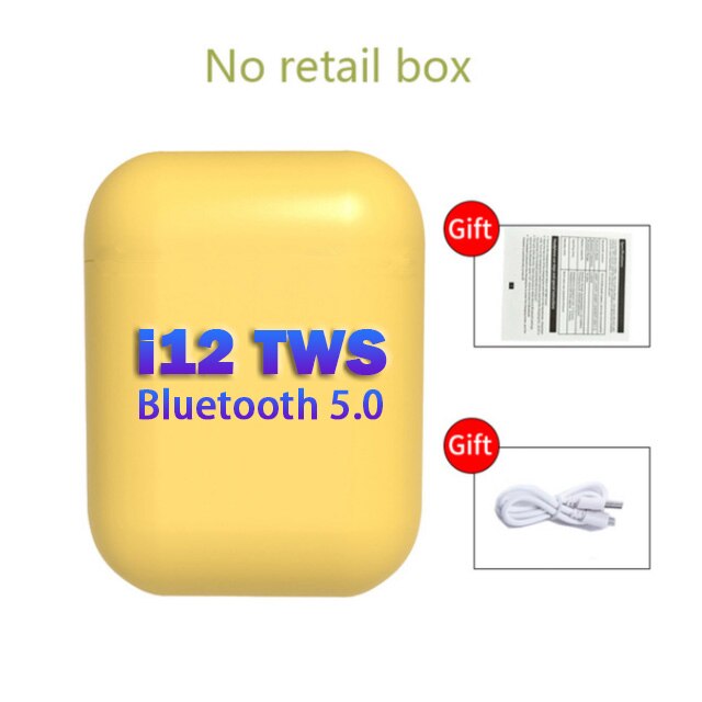 Original i12 Tws Wireless Earphone 5.0 Bluetooth Headphones i7s mini2 Earbuds with Charging Box Wireless Headphones for IPhone: i12 Yellow-no Box