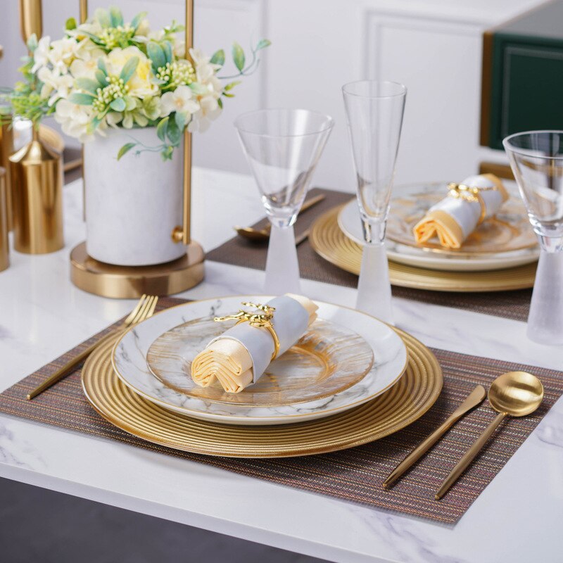 Aesthetic Patterned Kitchen Glass Plates Dinner Serving Ceramic Gold Luxury Dinner Plates Souplast Marble Pratos Ceramic OA50PS