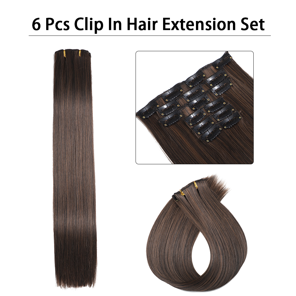 24 inch Synthetische Lange Rechte Kapsel 16 Clips 6 stks/set Hair Extensions Blond Zwart Haarstukjes Hittebestendig Voor Vrouwen