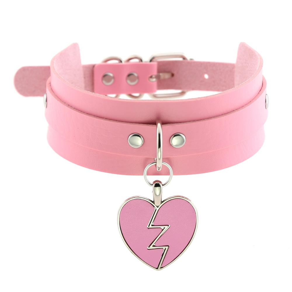 KMVEXO Punk Lightning Heart Gothic PU Leather Buckle Necklace Spike Kawaii Harajaku Chokers Harness Torques Female Jewelry: Pink