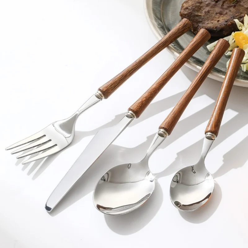 Stainless Steel Dinnerware Set Steak Knife Fork Spoon Tea Spoon Wooden Handle Cutlery Set Western Tableware Kichen Accessories