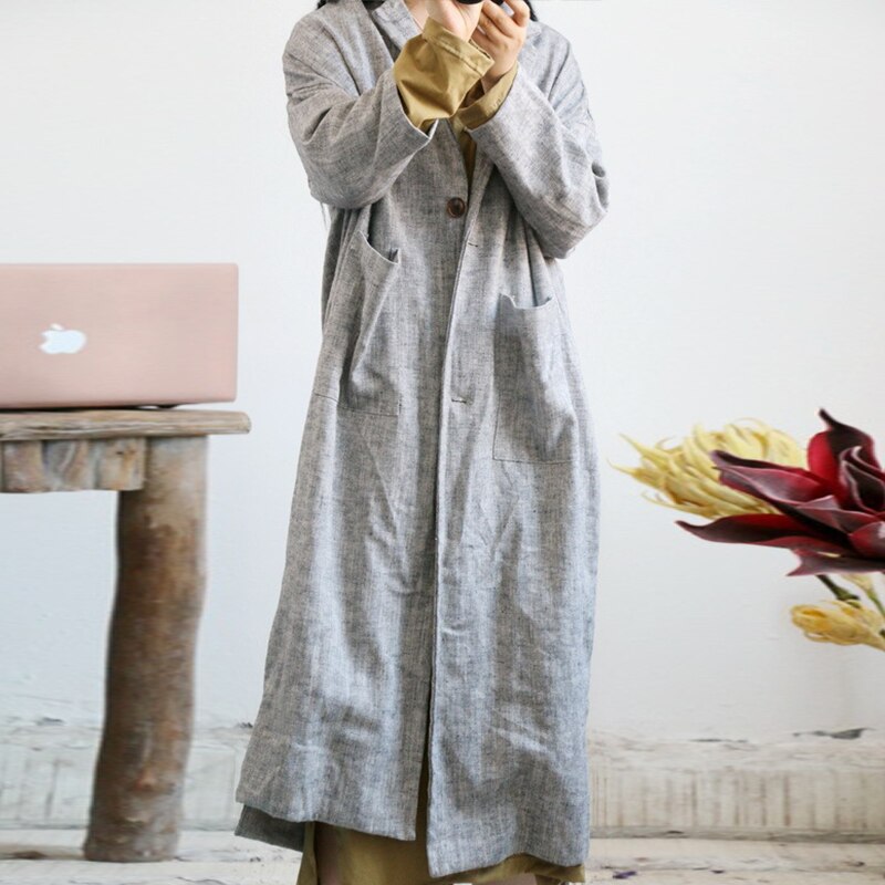 Johnature Women Linen Vintage Trench Coats Loose Turn-down Collar Windbreaker Autumn Gray Plus Size Women Clothes Trench
