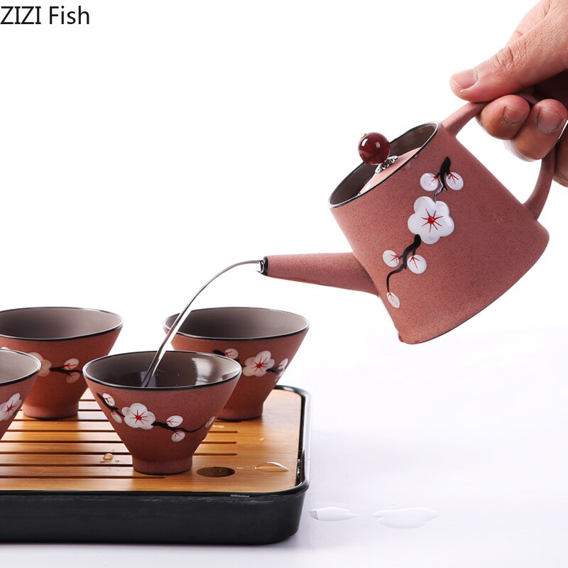 Japanse Stijl Mini Thee Set Draagbare Reizen Kung Fu Thee Set Een Pot En Vier Kopjes Met Lade Keramische Theekopje maak Theepot