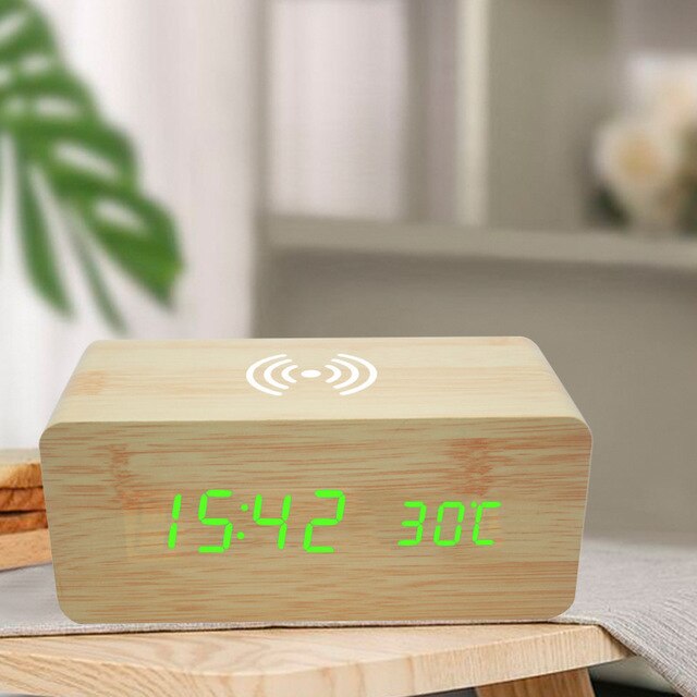 Wireless charging table clock digital alarm clock led decorative clock alarm clock table clock electronic clock with thermometer: Yellow  green