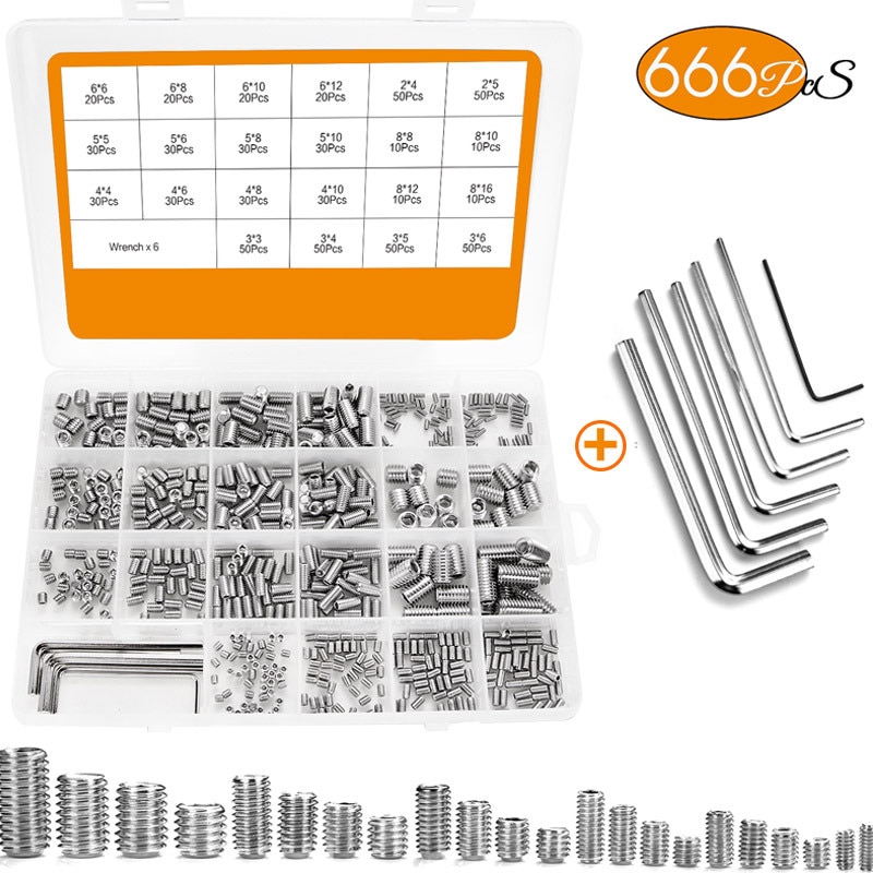 666Pcs Set Screw Hex Hexagon Socket Head Stainless Steel Headless Set Screw Assortment Kit M2 M3 M4 M5 M6 M8 Grub Screw