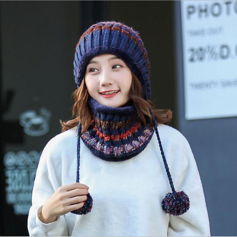 BINGYUANHAOXUAN-gorro de punto para mujer, gorros con bufanda, gorros, gorros de invierno cálido holgado para niña, gorros de lana para niña