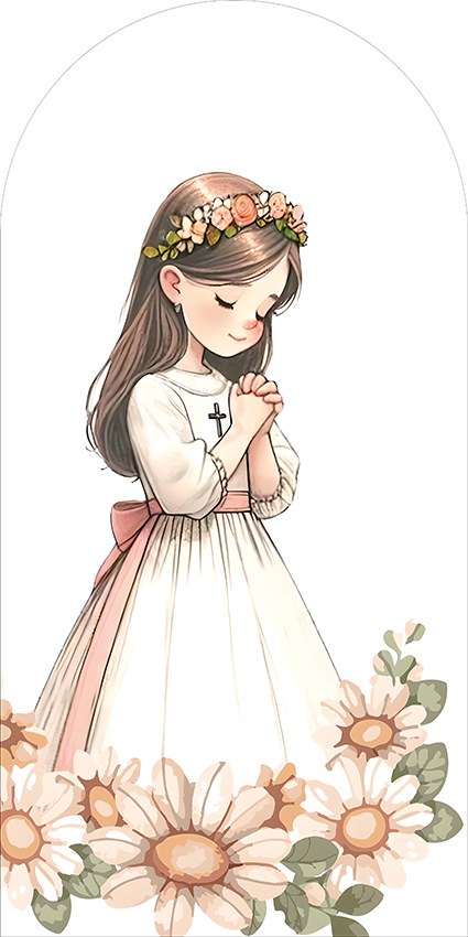 Mehofond Girl Baptism Arched Backdrop God Bless Flower Cross Decor Christening Background First Holy Communion Double-sided Prop: 150*300