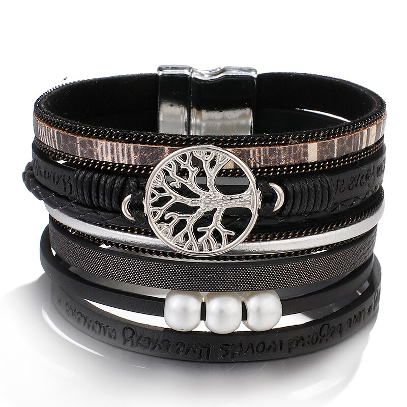 Flashbuy Life Tree Leather Bracelets For Women Bohemia Weave Multilayer Wide Wrap Bangles Jewelry: 4