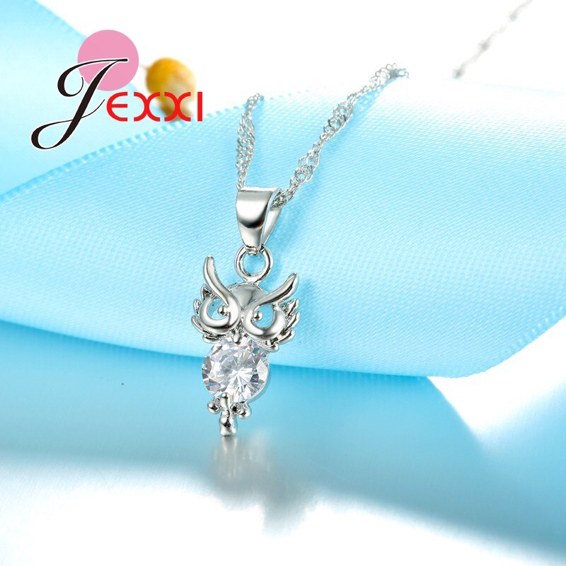 Cute Lovely Owl Cubic Zircon Crystal 925 Sterling Silver Pendant Necklaces Earrings Jewelry Set For Girls Party