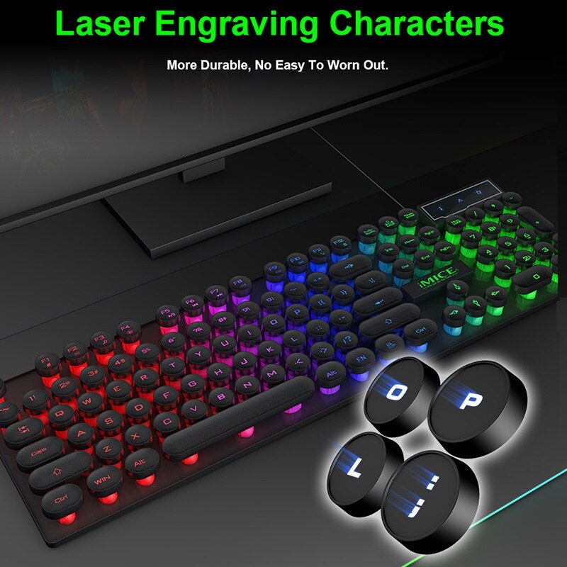 2 IN 1 Keyboard and Mouse USB Desktop Punk Floating Round Keycap Luminous Lighting Gaming Keyboard Wired USB 2400DPI Mice for PC