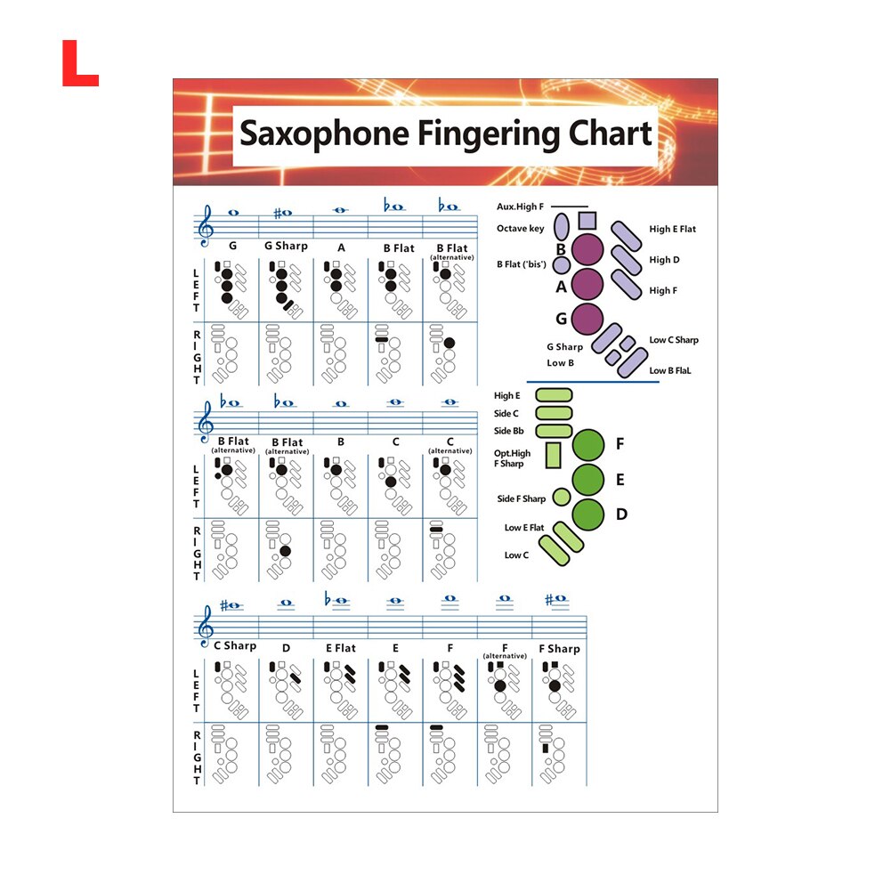 Uddannelsesmæssig klasseværelse træning dekorativt hjem væg saxofon fingering akkord diagram læring for begyndere praksis træblæsere: L