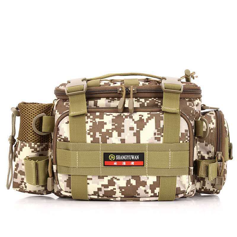 Bolsa de pesca multifuncional, gran capacidad de almacenamiento, aparejos de pesca, caja de señuelo, bolso de hombro, riñonera de lona, bolso de deporte al aire libre: A