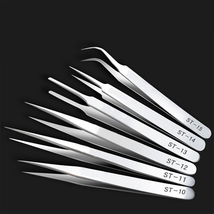 6Pcs Anti-static ESD Stainless Steel Tweezers Maintenance Tools Industrial Precision Curved Straight Tweezers Repair Tool Kit: 6PC-TS