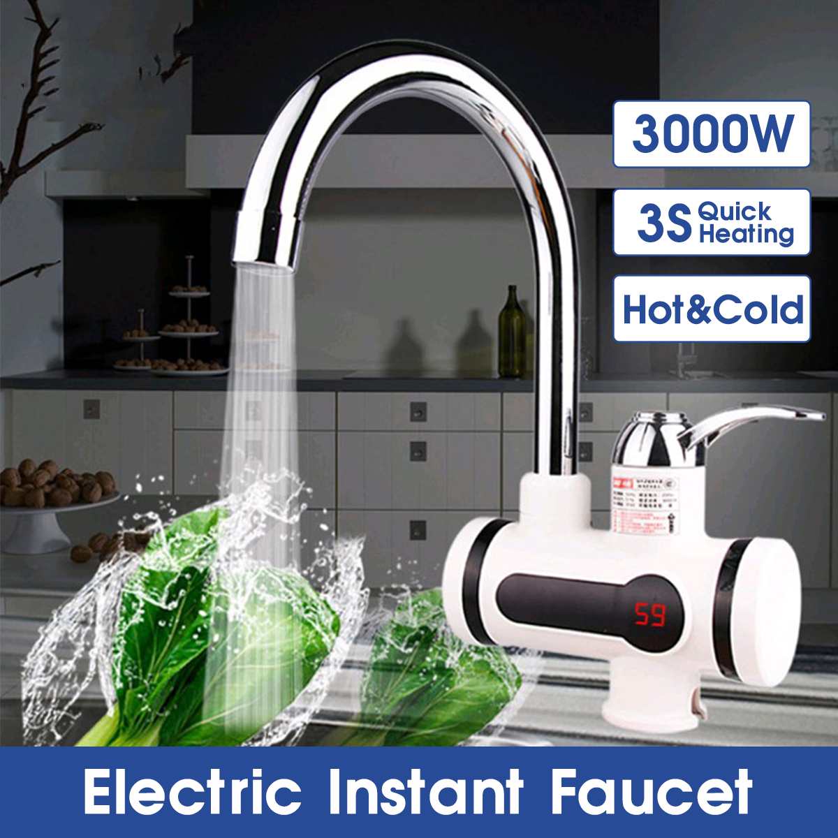 3000W Temperature Display Instant Water Tap Tankless Electric Faucet Kitchen Instant Faucet Water Heater Water Heating