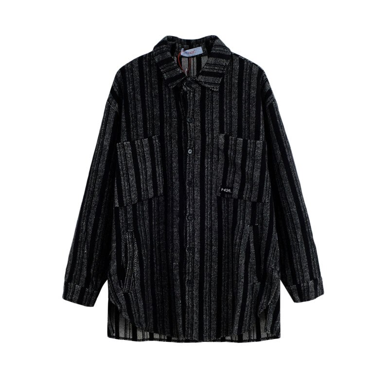 F426 Oversize Stripe thick Shirts Men Long Sleeve Streetwear camisa masculina Men's Shirt Hip Hop Cotton Men Fashions: Black / L