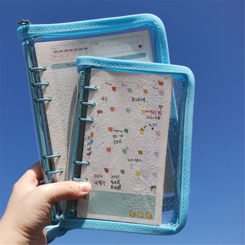 A5 A6 Loose-Leaf Notebook Cover Glitter Zipper PVC Notebook Korean Stationery Diary 6 Hole Binder Clip Notepad Office Planner: Blue / A5