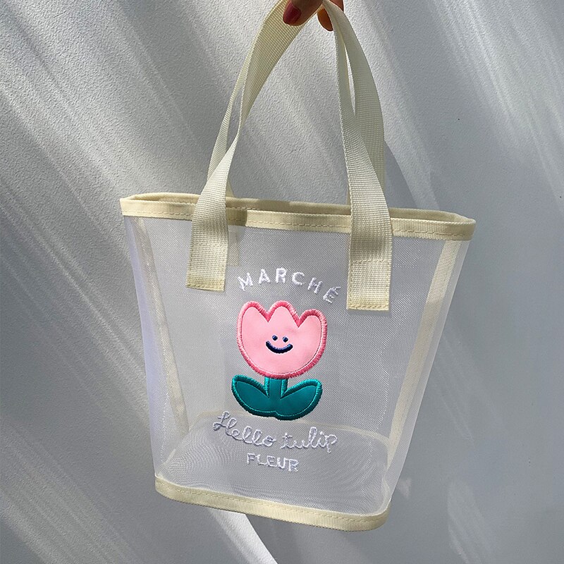 Korea Bear Flower Handbag Girls Summer Beach Travel Beach Bag Women Daily Shopping Bags Gauze Should Bags