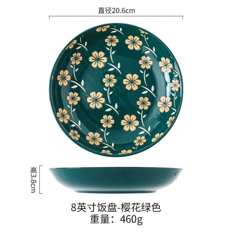 Vajilla de 8 pulgadas de estilo japonés, plato de cerámica esmaltado a mano, para restaurante, platos Dim Sum, platos redondos para el hogar: Flower Green