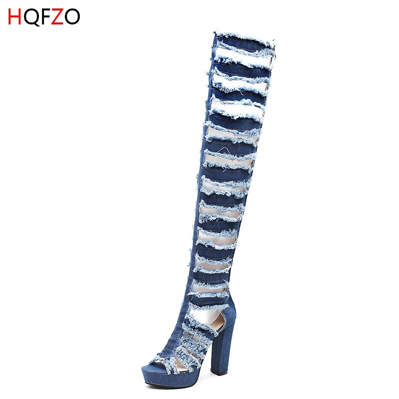 Hqfzo strakke hoge jeans laarzen sexy doe oude overknee laarzen hoge hakken peep toe schoenen damesschoenen zomer: Blauw / 38