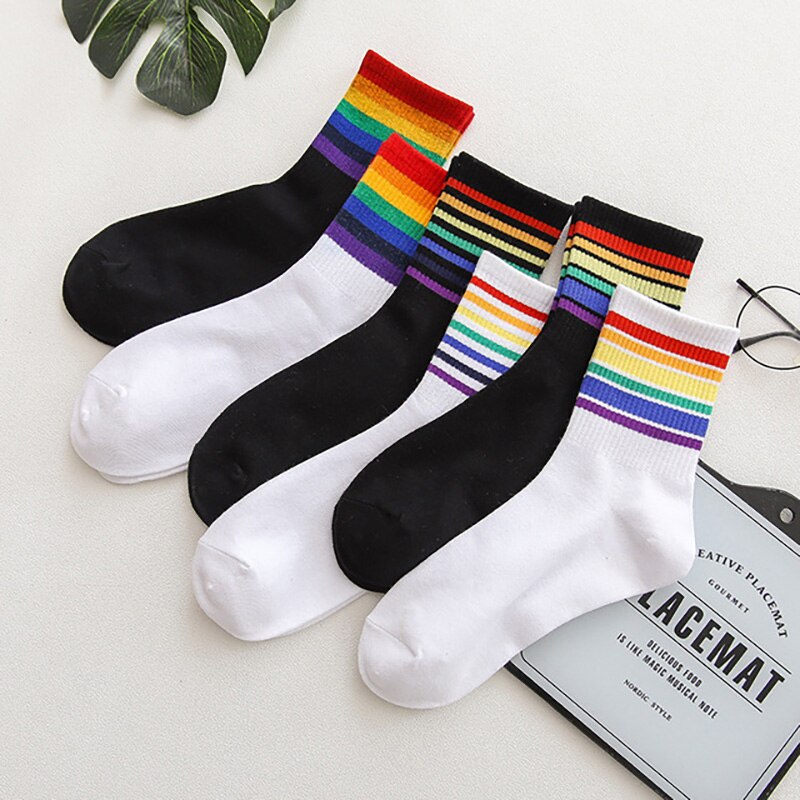 Bas,Chaussettes Arc En Ciel Pour Femmes, Chaussettes Longues à Rayures