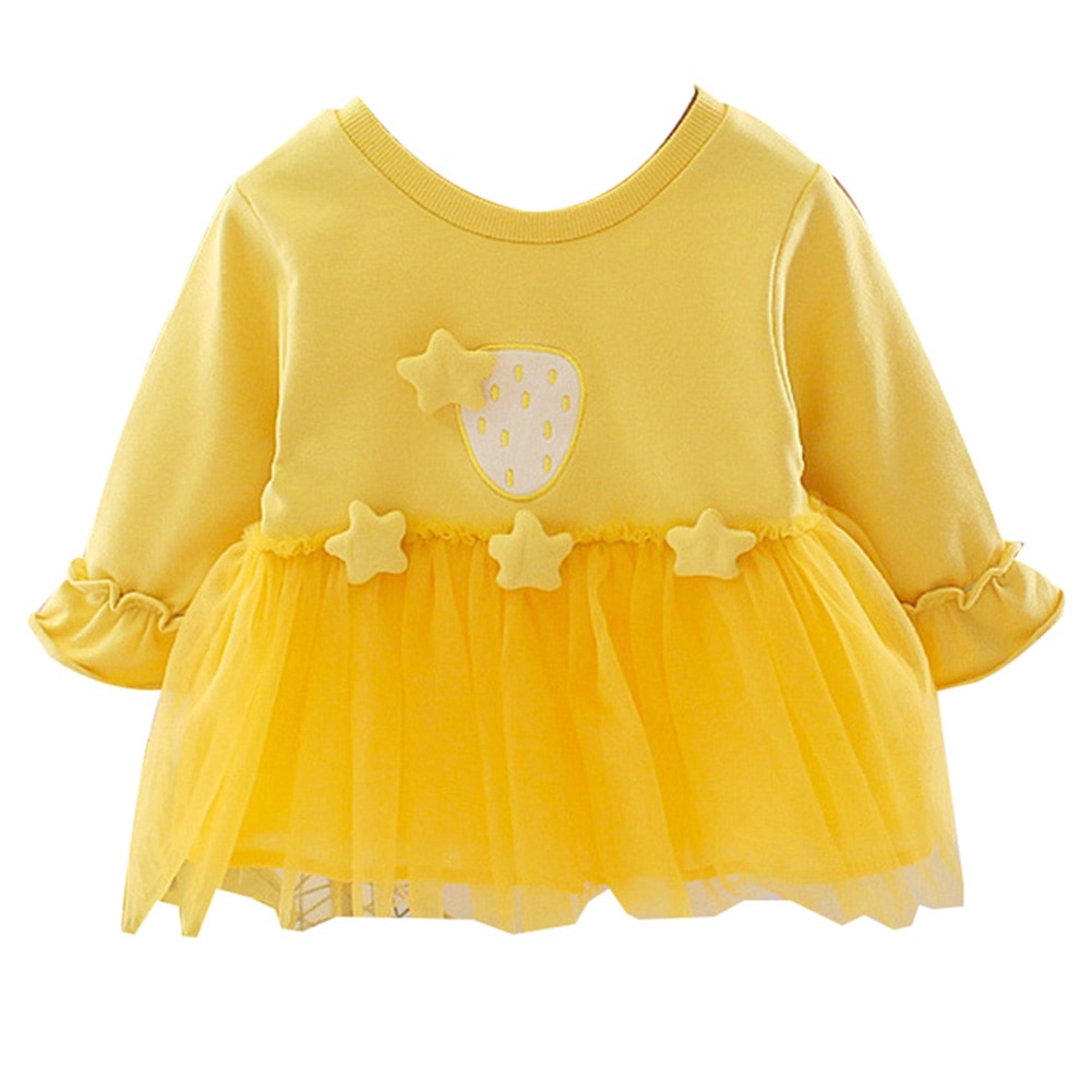 Baby Girls Autumn Solid Color Long Sleeve Stars Decor Stitching Tulle Dress Princess Dresses Clothes: Yellow 12 to 18M