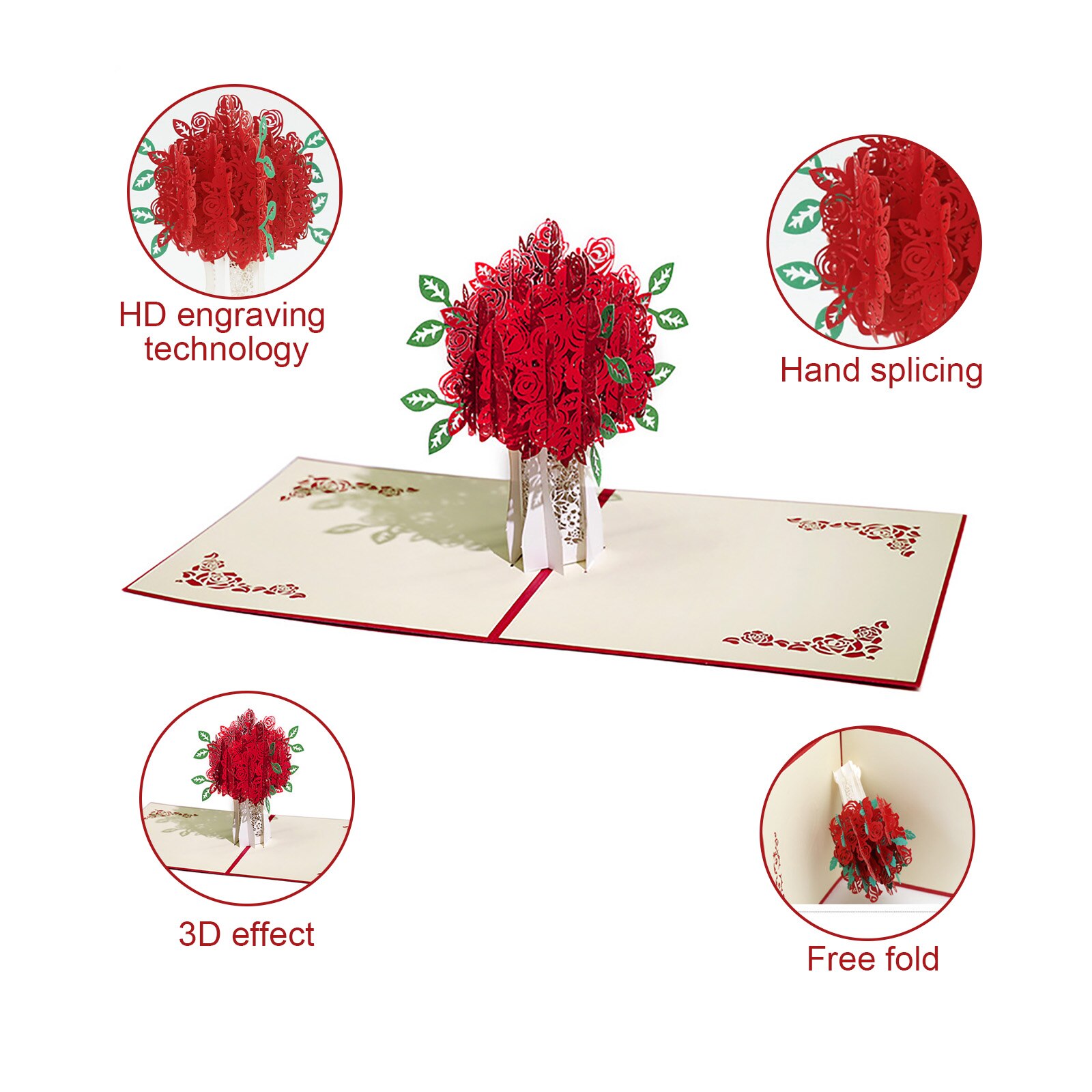 3D Paper Red Rose Flower Bouquet Pop Up Greeting Card with Envelope for Wedding Valentines Day Birthday Anniversary 15x15cm