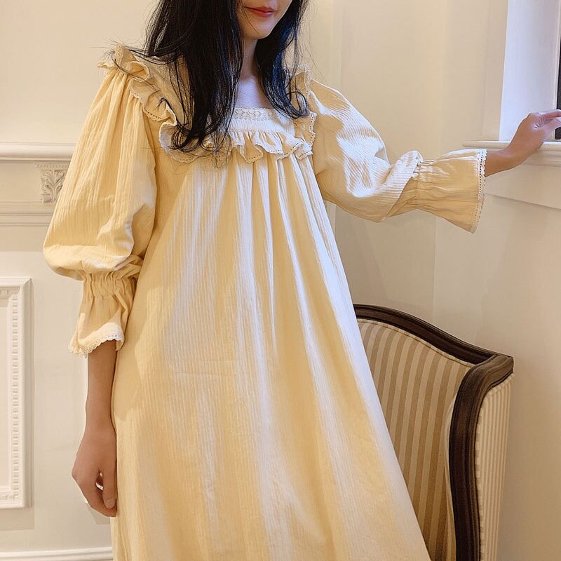 Camisones largos de algodón suave para mujer, ropa de dormir de manga larga con bordado de encaje de princesa, para primavera y otoño