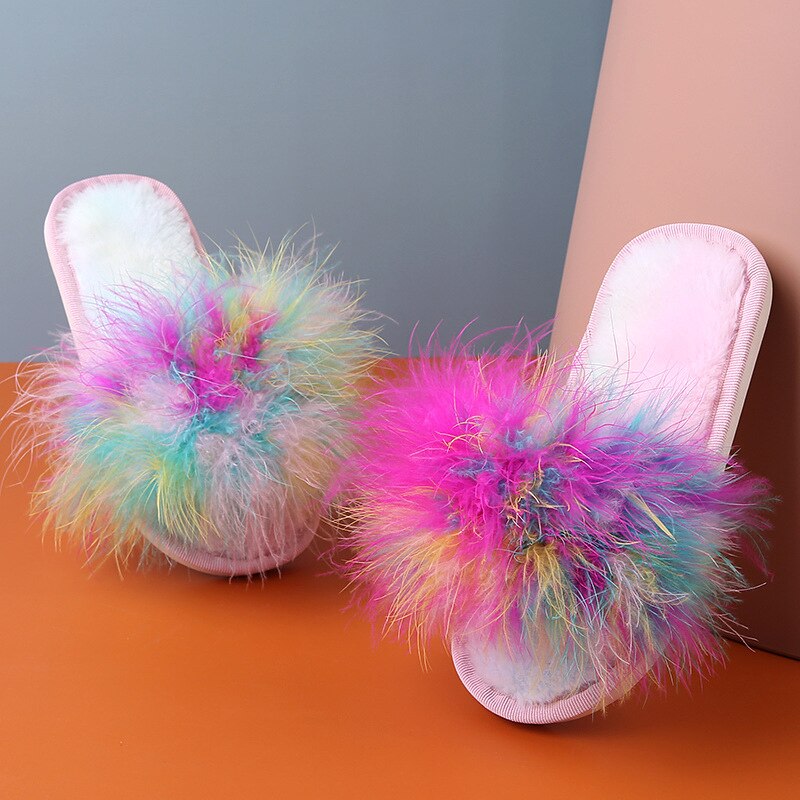 Kids Home Slippers Girls Slides Home Flop Flip Winter Fur Soft Girls For Children Shoes Plush Outdoor Parent-child Shoes