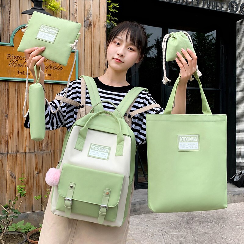 5 Delige Set Vrouwen Nylon Rugzak Snoep Kleur Waterdichte Schooltassen Tieners Meisjes Patchwork Rugzak Vrouwelijke Rugzak Mochila