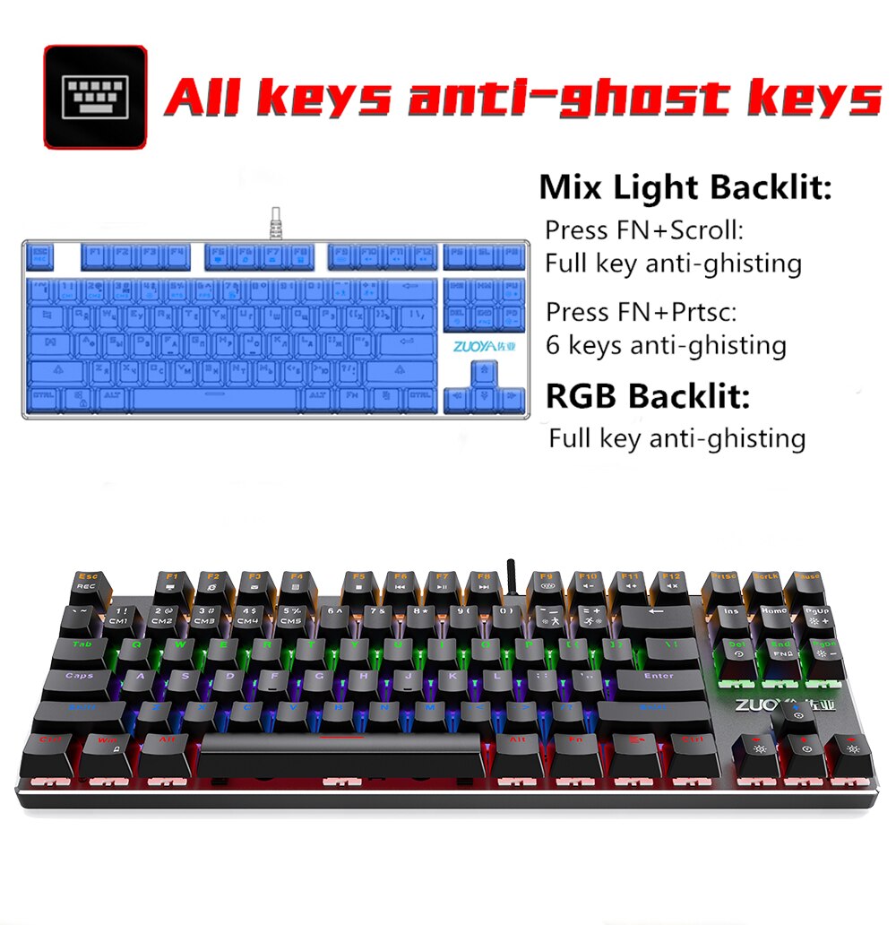 ZUOYA 87KEY Mechanical Gaming Keyboard RGB Backlit USB Wired Red Switch Anti-ghosting For Gamer PC