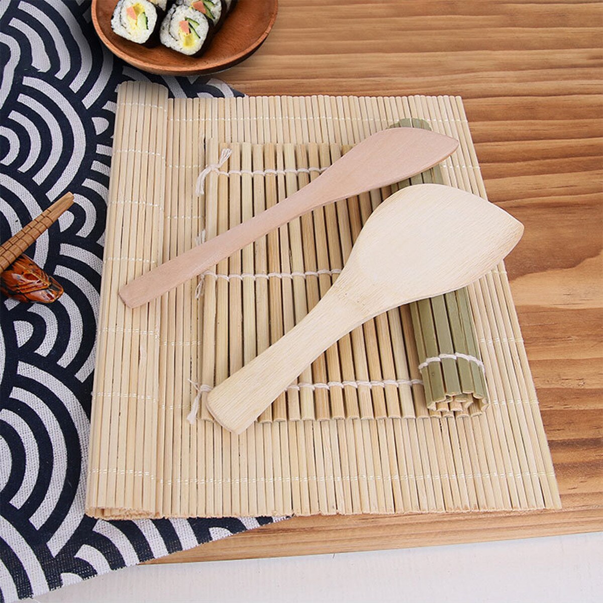 Diy bambus rullemåtter spisepinde ris spreder ske hjemmelavet sushi kit hjælper køkken madlavning sushi værktøjer gadgets 7 stk/sæt