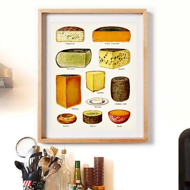 Køkken væg indretningstyper af ost diagram plakat udskrifter ost vintage væg kunst billede kraftpapir plakat: 21 x 30cm uden ramme
