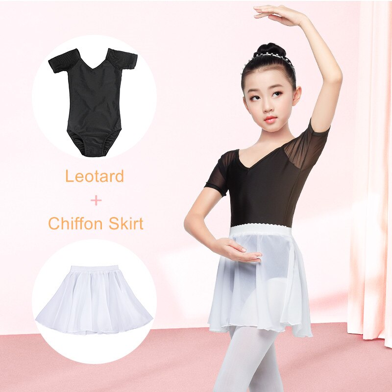 Ballet Leotard Girls Ballerina Costume Black Dance Leotard Chiffon Skirt Suit Kids Gymnastics Dance Wear Mesh Splice