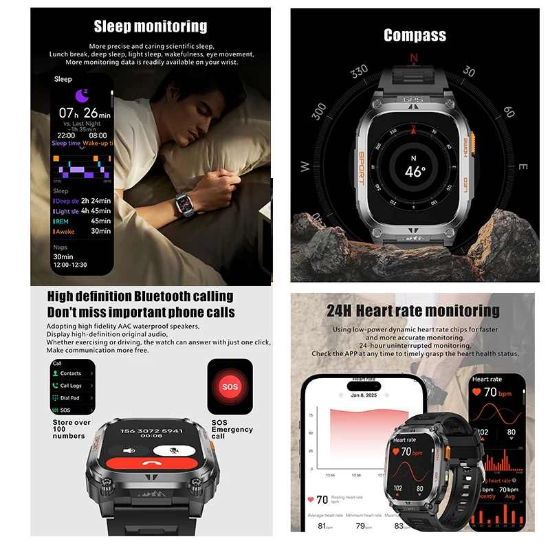 Smartwatch z wbudowanym GPS, wodoodporny IP68, bateria 630 mAh, kompas, barometryczny wysokościomierz, odtwarzanie muzyki Bluetooth, sterowanie głosowe AI, połączenia BT.
