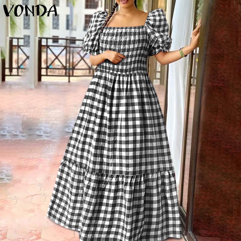 Plus Size Summer Dress 2022 VONDA Short Lantern Sleeve Square Collar Vintage Bohemian Plaid Dresses Femme Party Vestidos