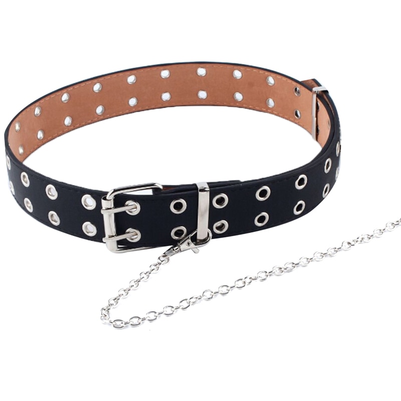 Women Punk Chain Belt Adjustable Black Double/Single Eyelet Leather Buckle Belt women belt